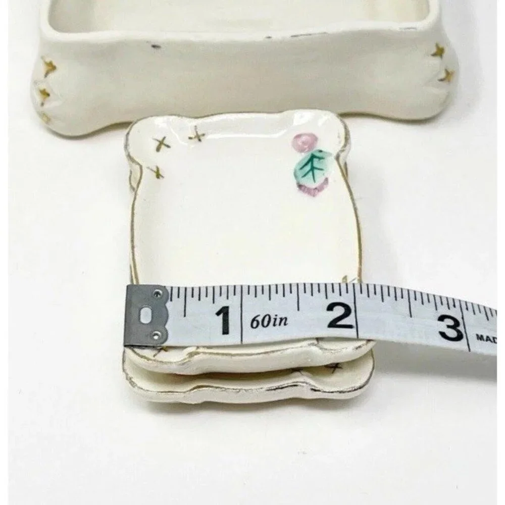 Vintage Japan Porcelain Trinket Jewelry Box w/ Rose Applied Flowers & Inserts